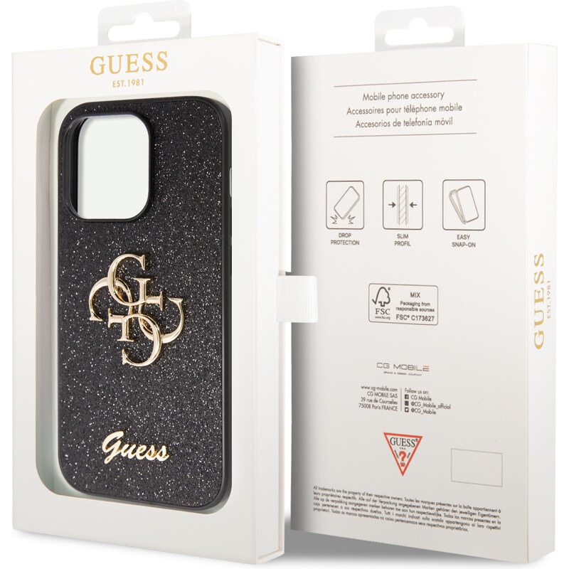 Ochranný kryt na iPhone 15 Pro MAX - Guess, Fixed Glitter 4G Metal Logo Black