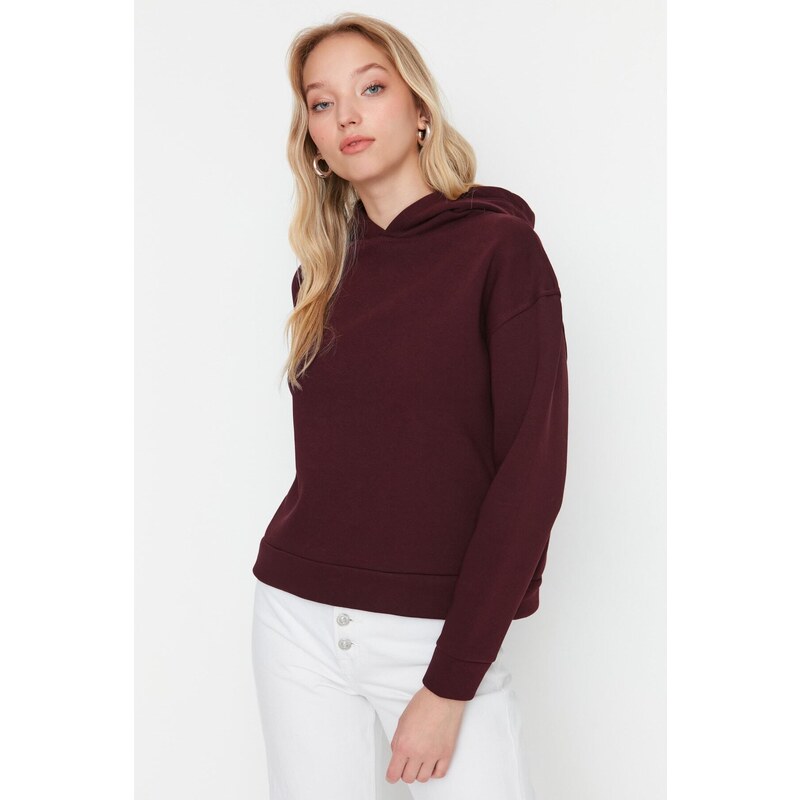 Trendyol Claret Red Regular/Normal Pattern Basic Hooded Thick Inside Fleece Knitted Sweatshirt