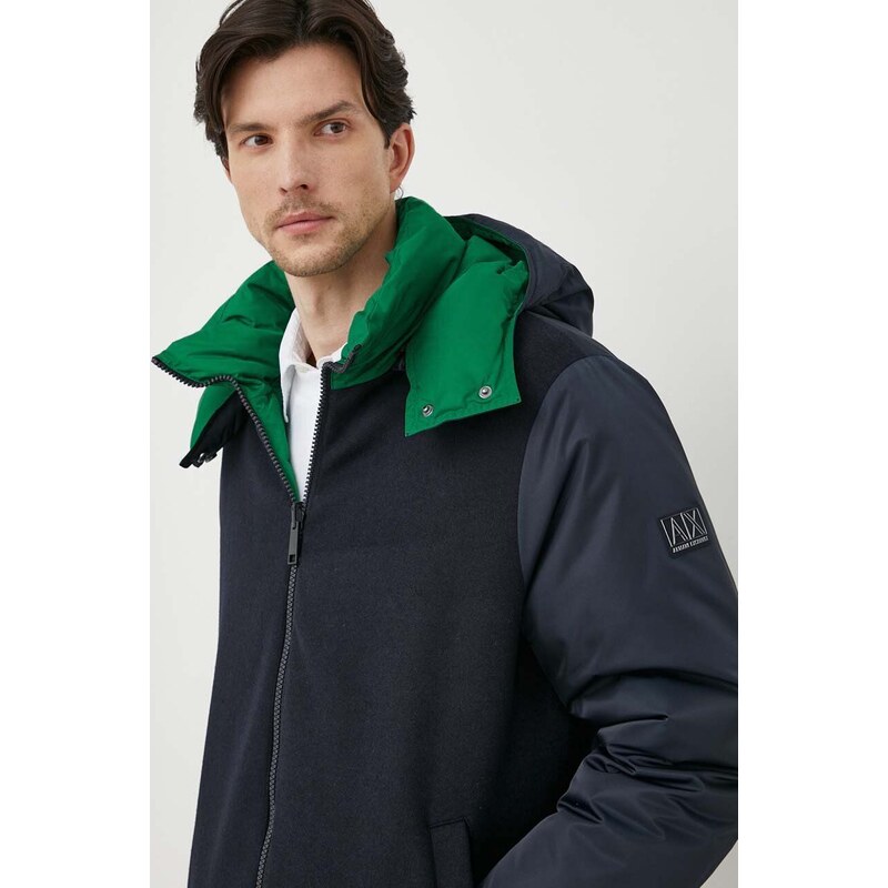 Oboustranná bunda Armani Exchange pánská, tmavomodrá barva, zimní