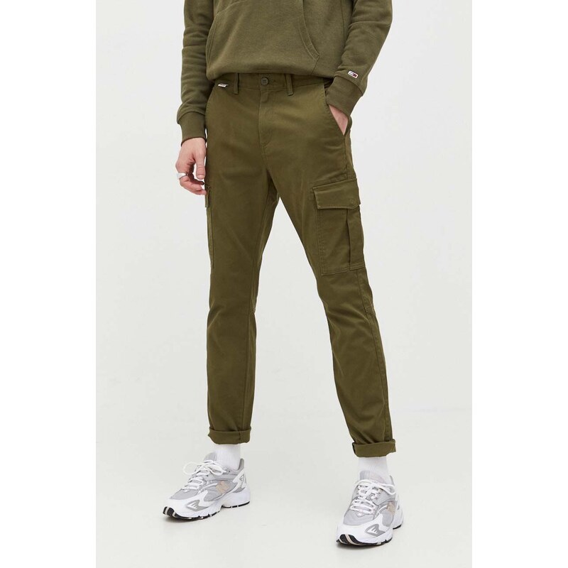 Kalhoty Tommy Jeans pánské, zelená barva, ve střihu cargo