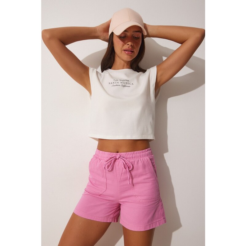 Happiness İstanbul Women's Pink Pocket Linen Gabardine Shorts