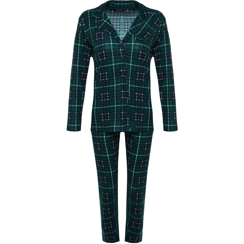 Trendyol Green Soft Feeling Premium Plaid Sleep Tape Pletená pyžamová souprava