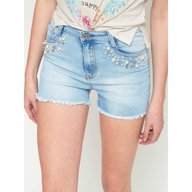 Denim life Denim shorts with pearls at the pockets blue