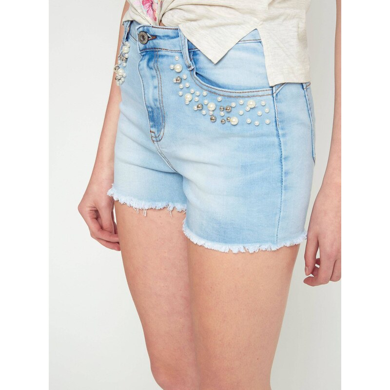 Denim life Denim shorts with pearls at the pockets blue