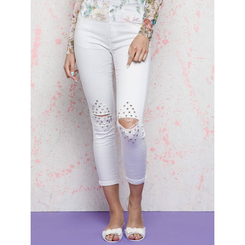 Hand Work Denim Euphora jeans decorated with cuts and rhinestones on the knees white