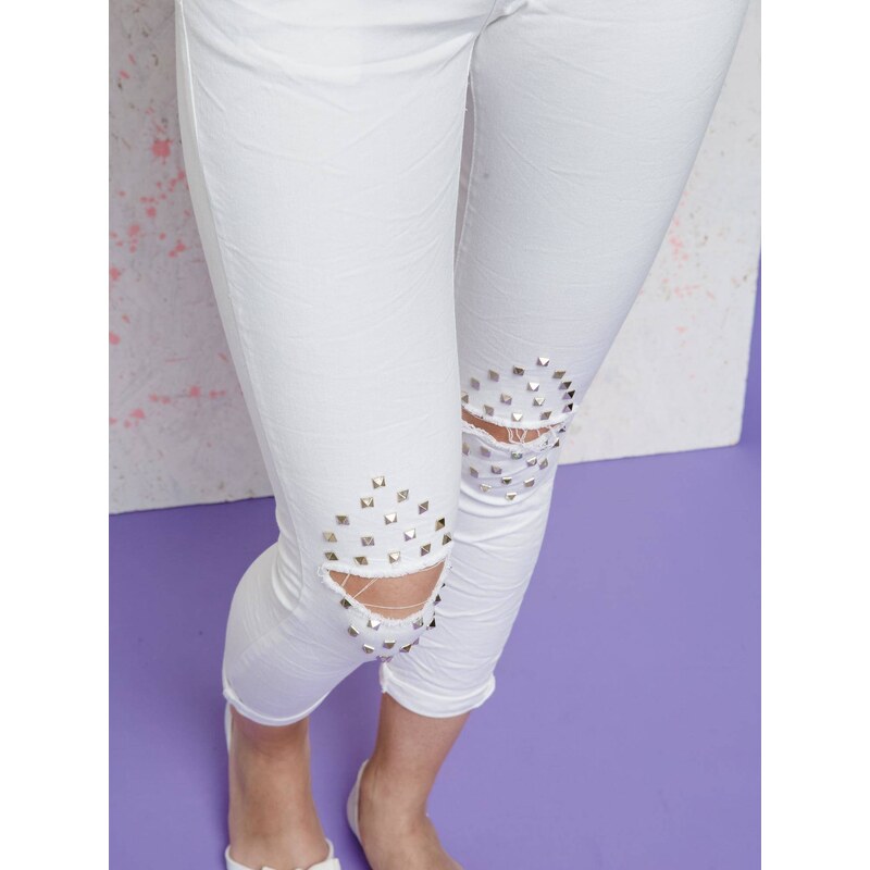 Hand Work Denim Euphora jeans decorated with cuts and rhinestones on the knees white