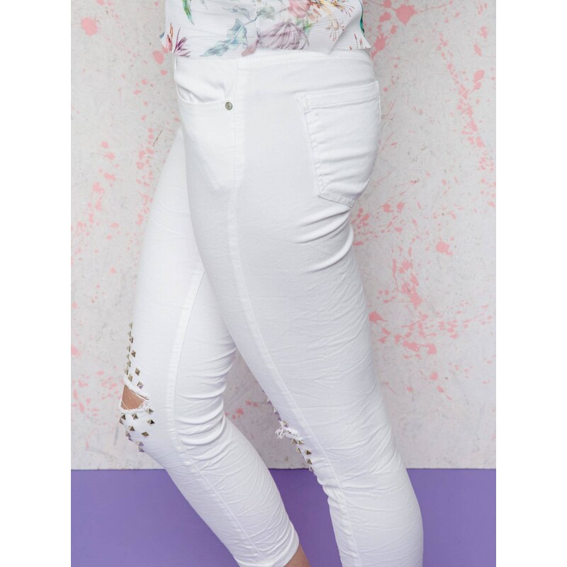 Hand Work Denim Euphora jeans decorated with cuts and rhinestones on the knees white