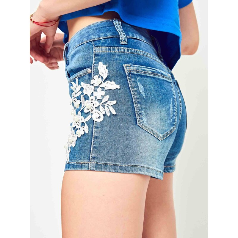 Elegantis Denim shorts with lace application blue