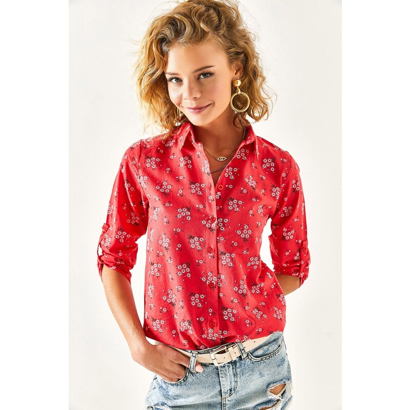 Olalook Women's Red Floral Foldable Linen Shirt with Sleeves