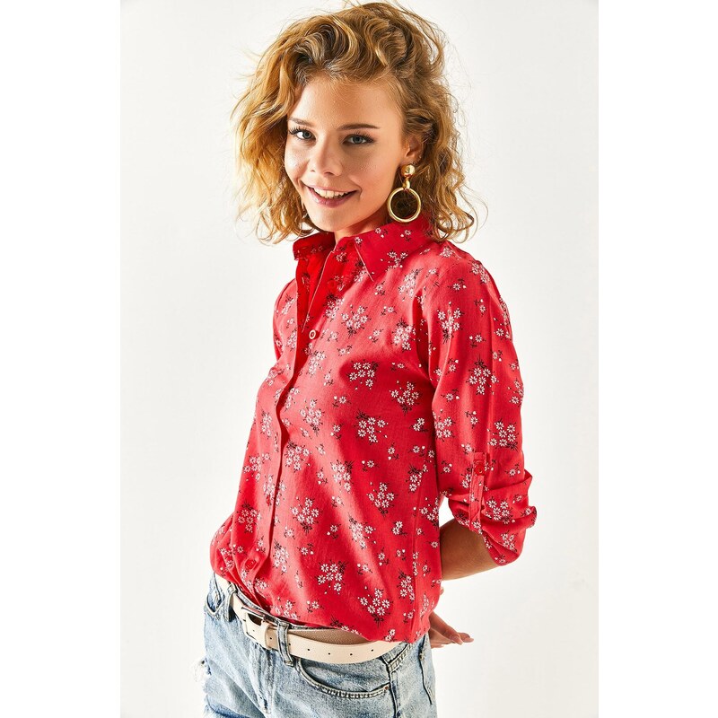 Olalook Women's Red Floral Foldable Linen Shirt with Sleeves