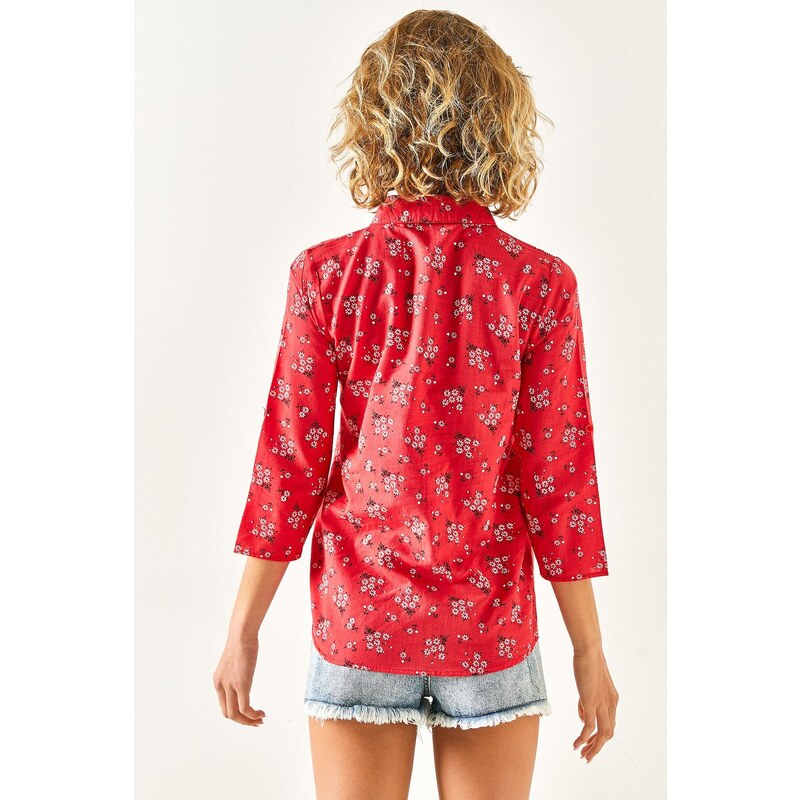 Olalook Women's Red Floral Foldable Linen Shirt with Sleeves