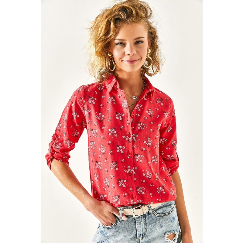 Olalook Women's Red Floral Foldable Linen Shirt with Sleeves