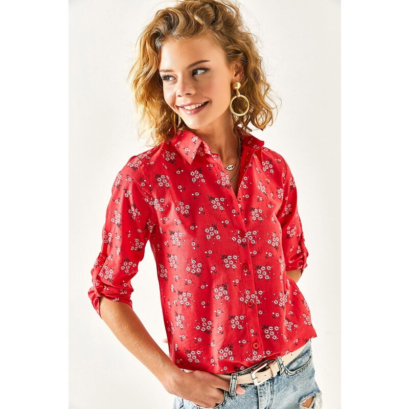 Olalook Women's Red Floral Foldable Linen Shirt with Sleeves