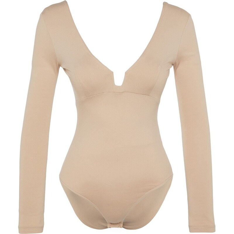 Trendyol Mink Cotton Stretchy V Neck Fitted/Situated Stretchy Knitted Bodysuit