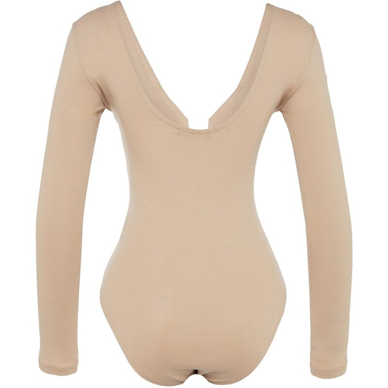 Trendyol Mink Cotton Stretchy V Neck Fitted/Situated Stretchy Knitted Bodysuit