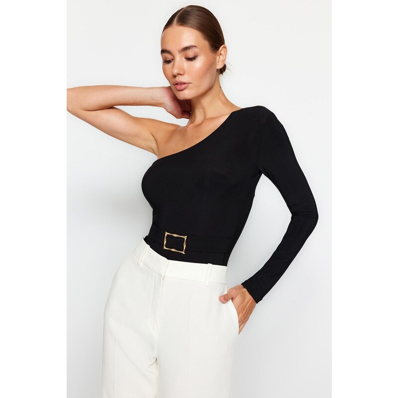 Trendyol Black Belt Detail One-Shoulder Fitted/Situated Elastic Knitted Body with Snap Snaps