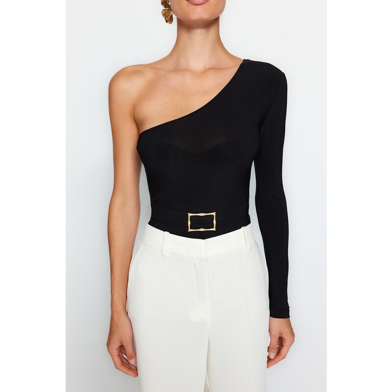 Trendyol Black Belt Detail One-Shoulder Fitted/Situated Elastic Knitted Body with Snap Snaps