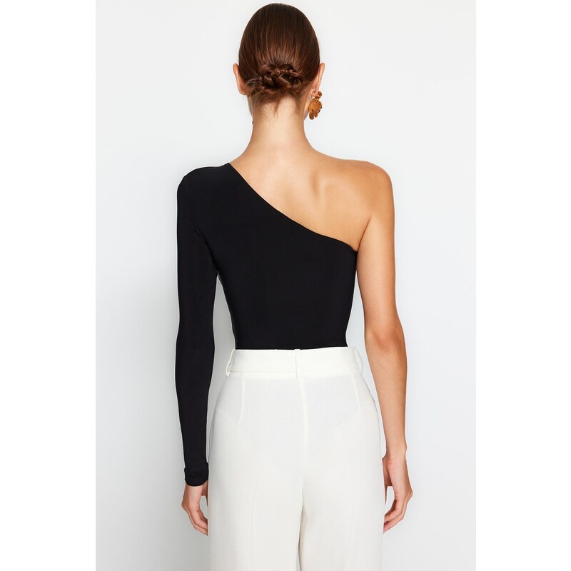 Trendyol Black Belt Detail One-Shoulder Fitted/Situated Elastic Knitted Body with Snap Snaps