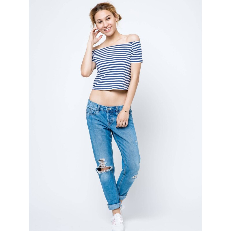 Yups Short blouse with neckline carmen white with navy stripes