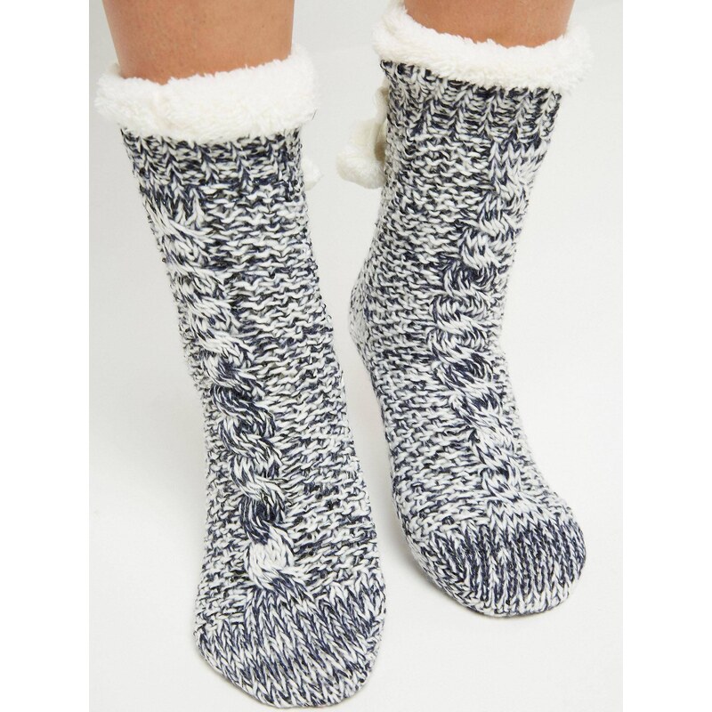 Yups Socks decorated with braid stitch and sequins navy blue