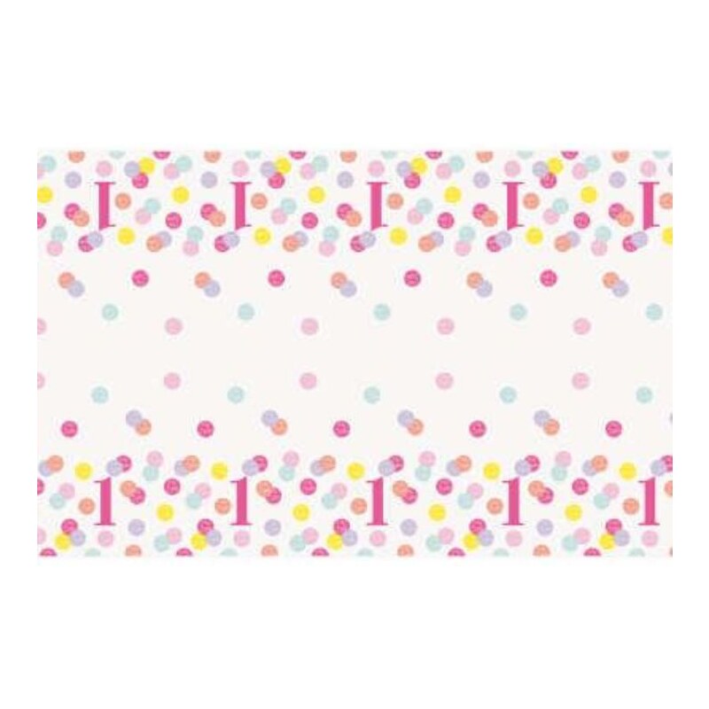 UNIQUE Ubrus 1. narozeniny růžový s puntíky - HOLKA - 137 x 213 cm - Happy birthday