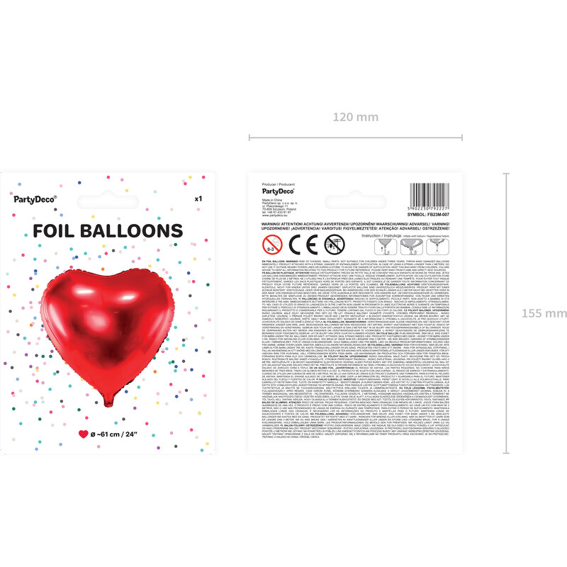 PARTYDECO Foliový balón srdce červené - Svatba - Valentýn - 61 cm
