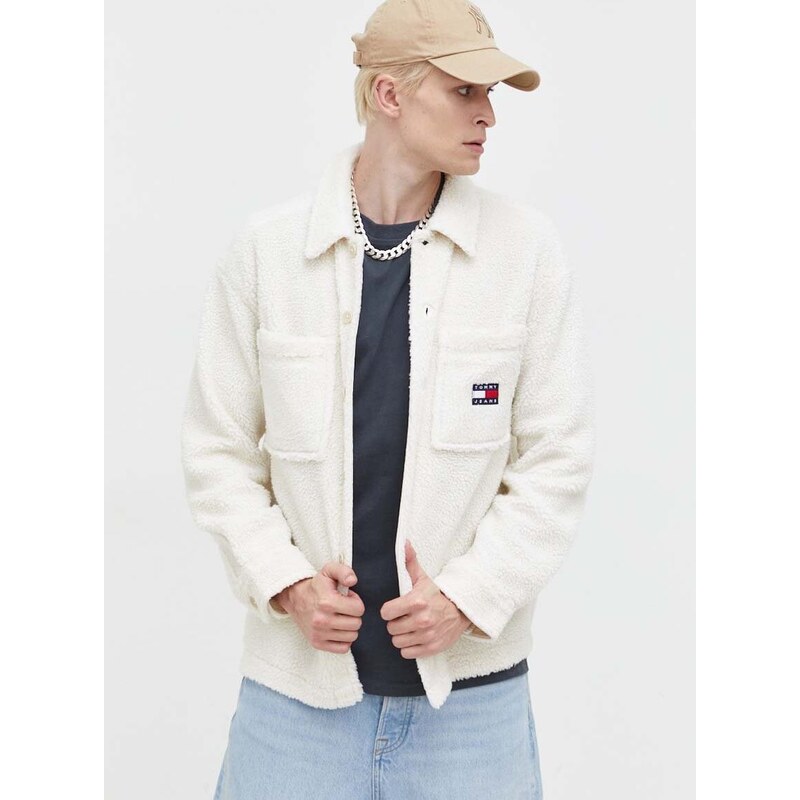 Košile Tommy Jeans pánská, béžová barva, regular, s klasickým límcem