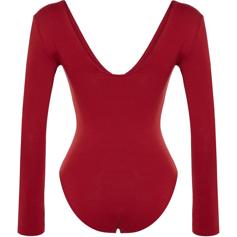 Trendyol Burgundy Cotton Stretchy V Neck Fitted/Situated Stretchy Snaps Knitted Body
