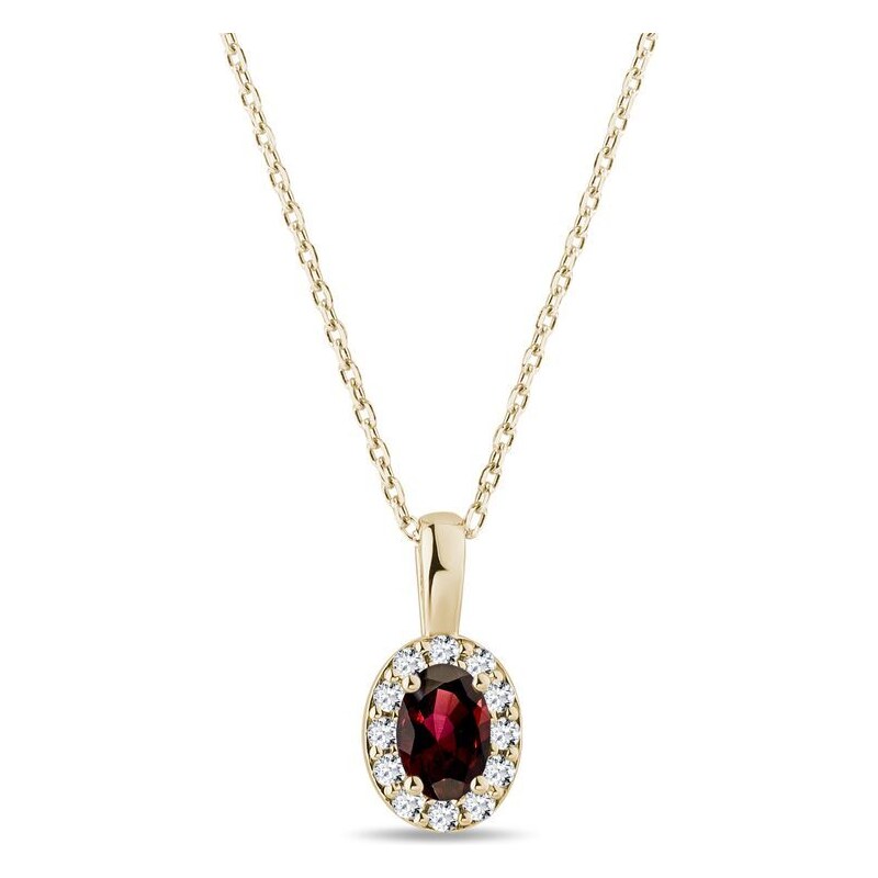 Zlatý halo náhrdelník s oválným granátem a diamanty KLENOTA N0529853