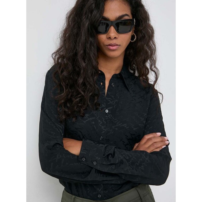 Košile s příměsí hedvábí Pinko černá barva, regular, s klasickým límcem, 100121.A193