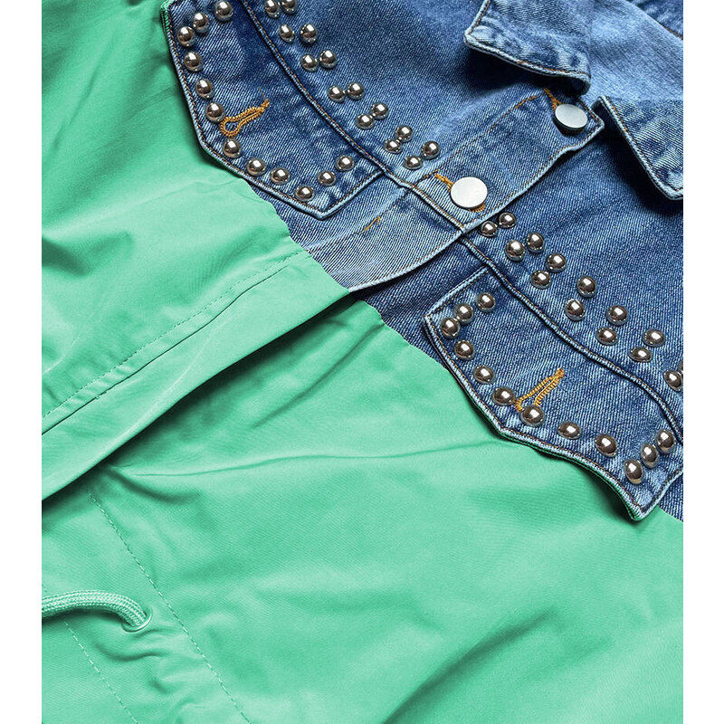 PREMIUM Světle modro-zelená dámská džínová denim bunda z různých spojených materiálů (PFFS12233)