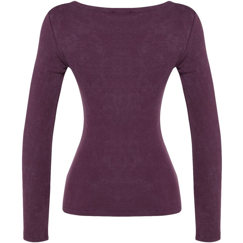 Trendyol Purple Faded/Faded Effect Ribbed Pool Neck Body-Shouldered Cotton Stretch Knit Blouse