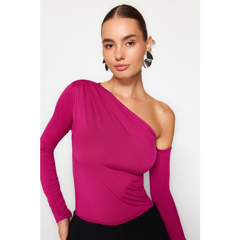 Trendyol Fuchsia Asymmetric Collar Long Sleeve Flexible Snaps