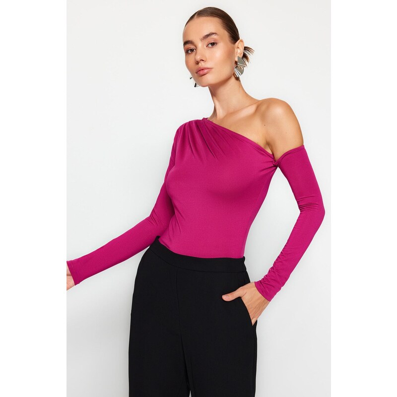 Trendyol Fuchsia Asymmetrical Collar Long Sleeved Flexible Knitted Bodysuit