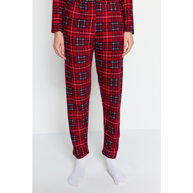 Trendyol Red Soft Feel Premium Plaid Sleep Band Knitted Pajamas Set