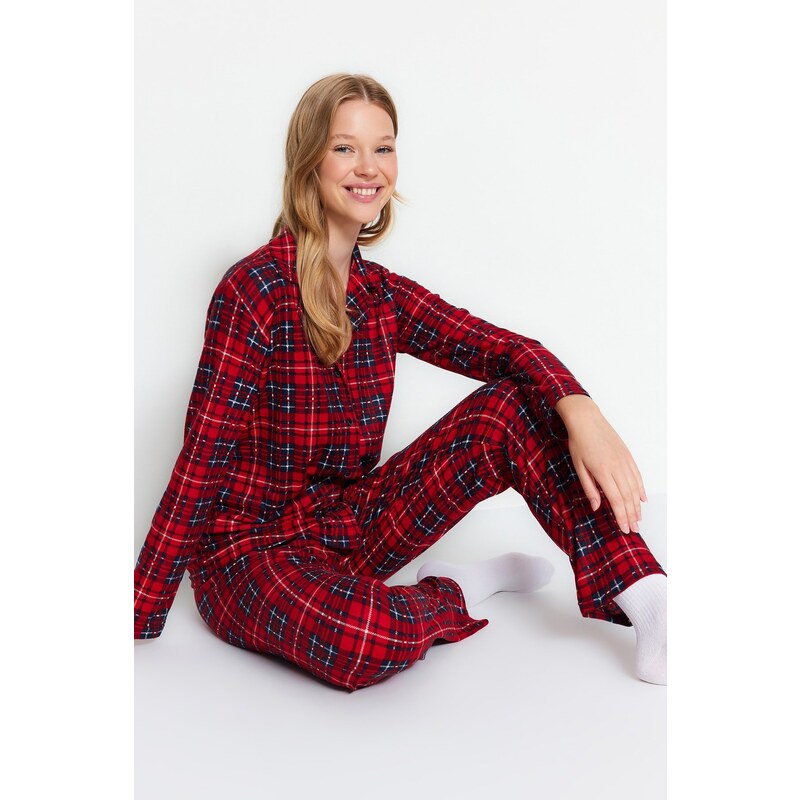 Trendyol Red Soft Feel Premium Plaid Sleep Band Knitted Pajamas Set