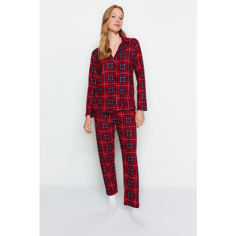 Trendyol Red Soft Feel Premium Plaid Sleep Band Knitted Pajamas Set