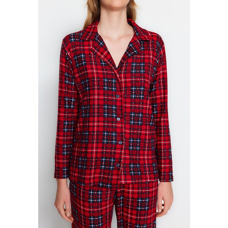 Trendyol Red Soft Feel Premium Plaid Sleep Band Knitted Pajamas Set