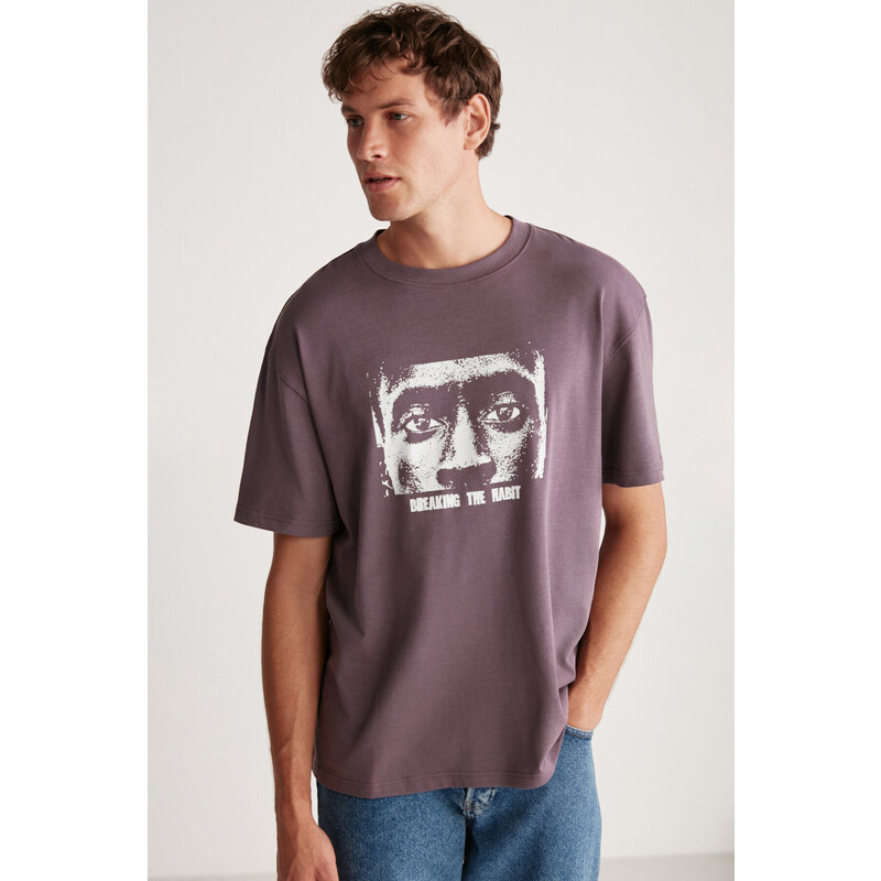 GRIMELANGE Drake Men's Oversize Fit 100% Cotton Thick Textured Printed T-shirt