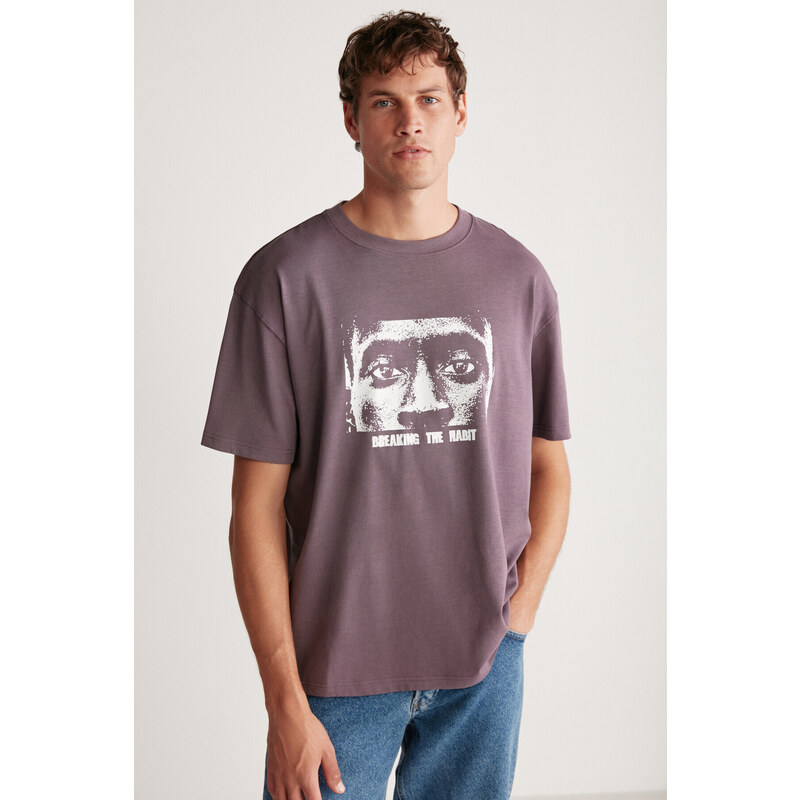 GRIMELANGE Drake Men's Oversize Fit 100% Cotton Thick Textured Printed T-shirt