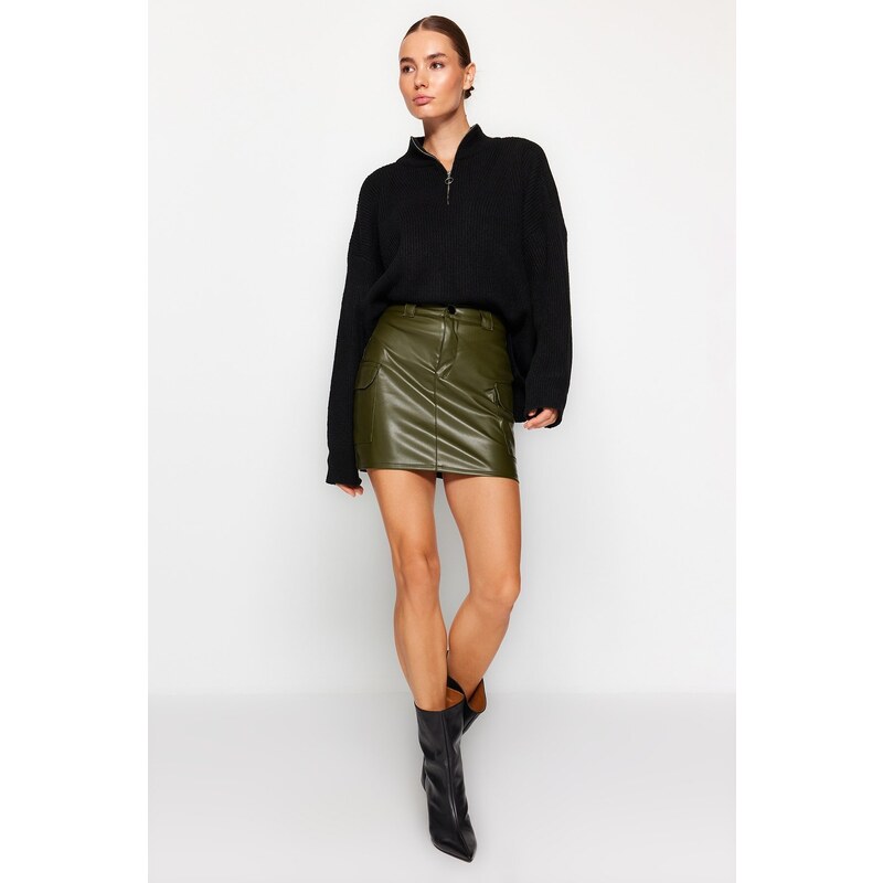 Trendyol Khaki Faux Leather Cargo Pocket High Waist Fitted Mini Knitted Skirt