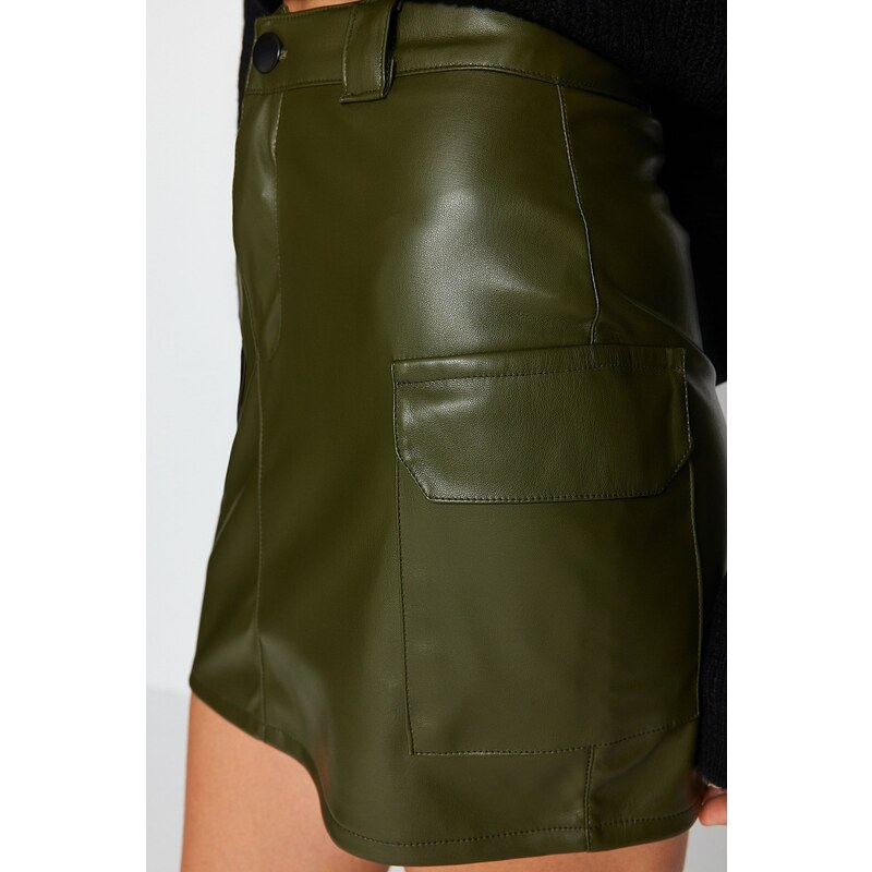 Trendyol Khaki Faux Leather Cargo Pocket High Waist Fitted Mini Knitted Skirt