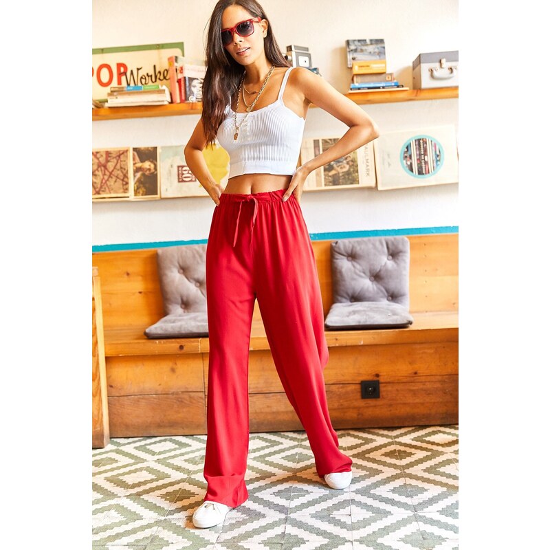 Olalook Women's Burgundy Belted Weave Viscose Palazzo Pants