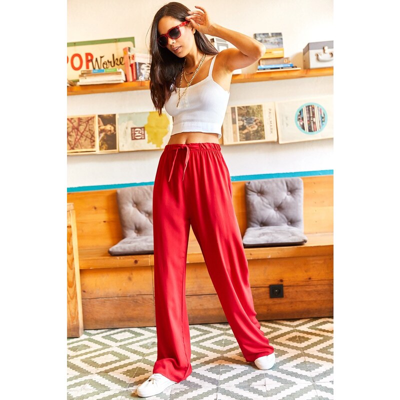 Olalook Women's Burgundy Belted Weave Viscose Palazzo Pants