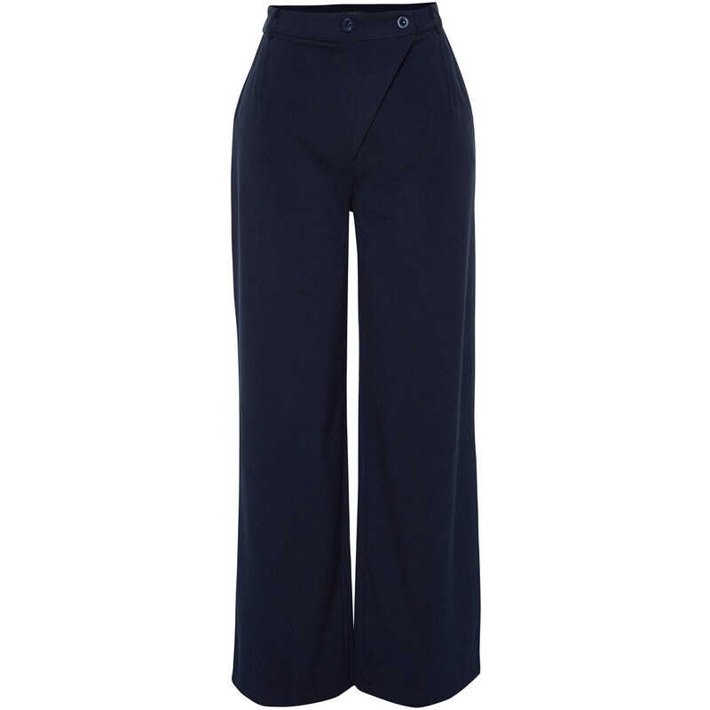 Trendyol Curve Námořnická modrá Vysoký pas Dvojitý knoflík Asymetrické kostkované tkané kalhoty