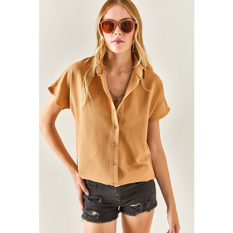 Olalook Women's Camel Bat Oversized Linen Shirt