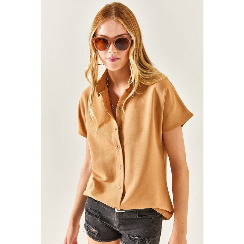 Olalook Women's Camel Bat Oversized Linen Shirt