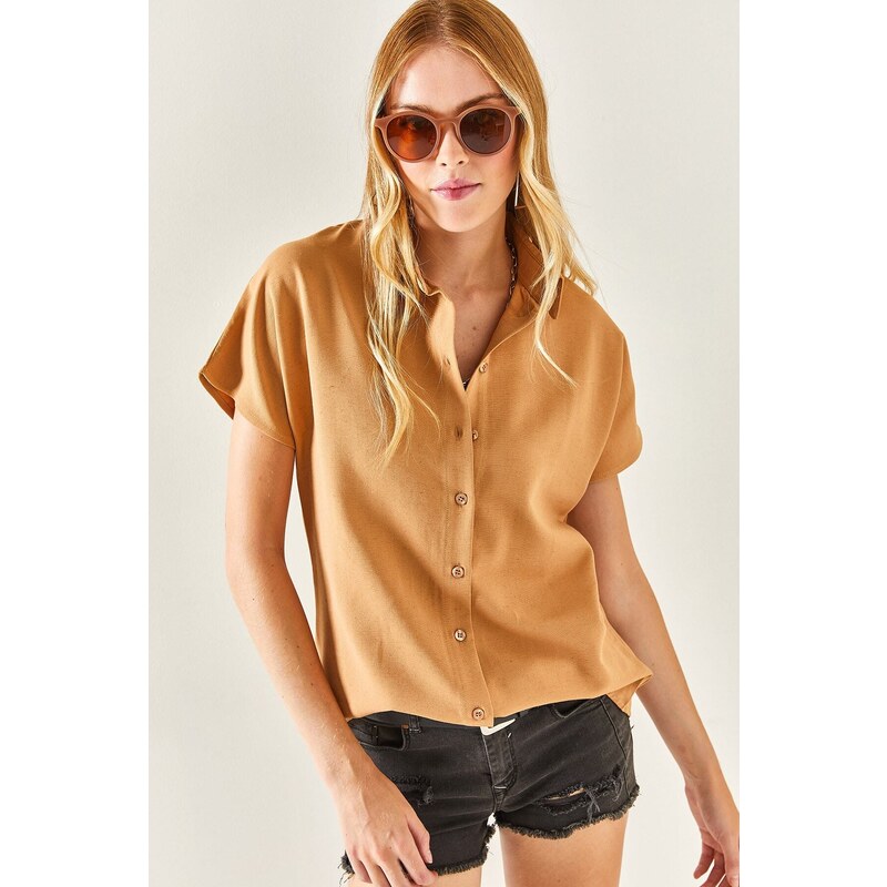 Olalook Women's Camel Bat Oversized Linen Shirt
