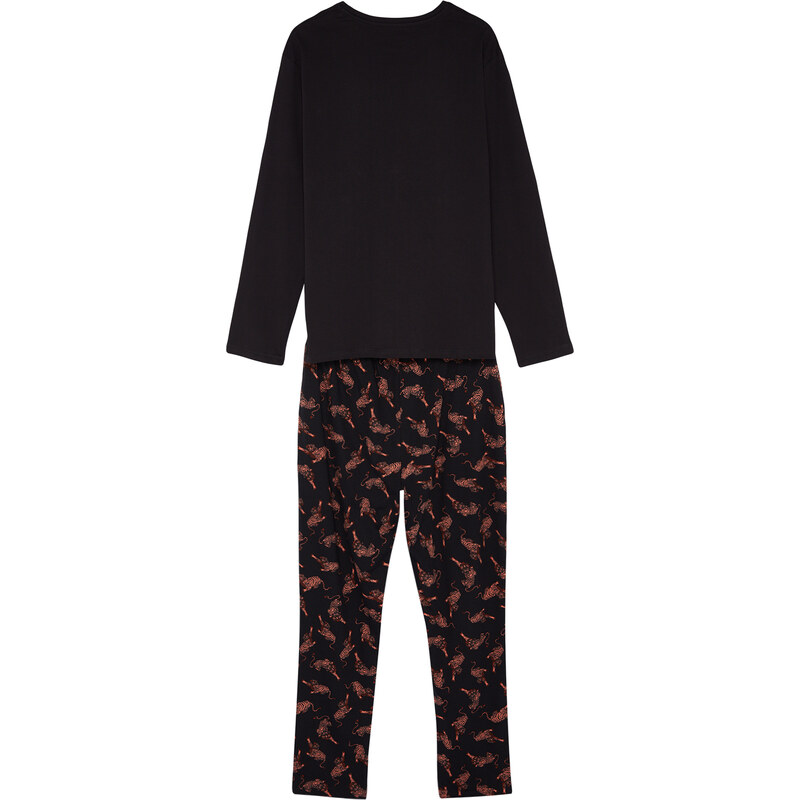 Trendyol Black Regular Fit Printed Knitted Pajamas Set