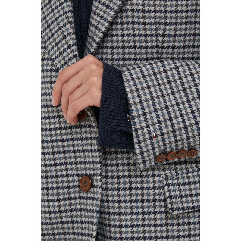 Vlněná bunda Tommy Hilfiger šedá barva, jednořadá, vzorovaná